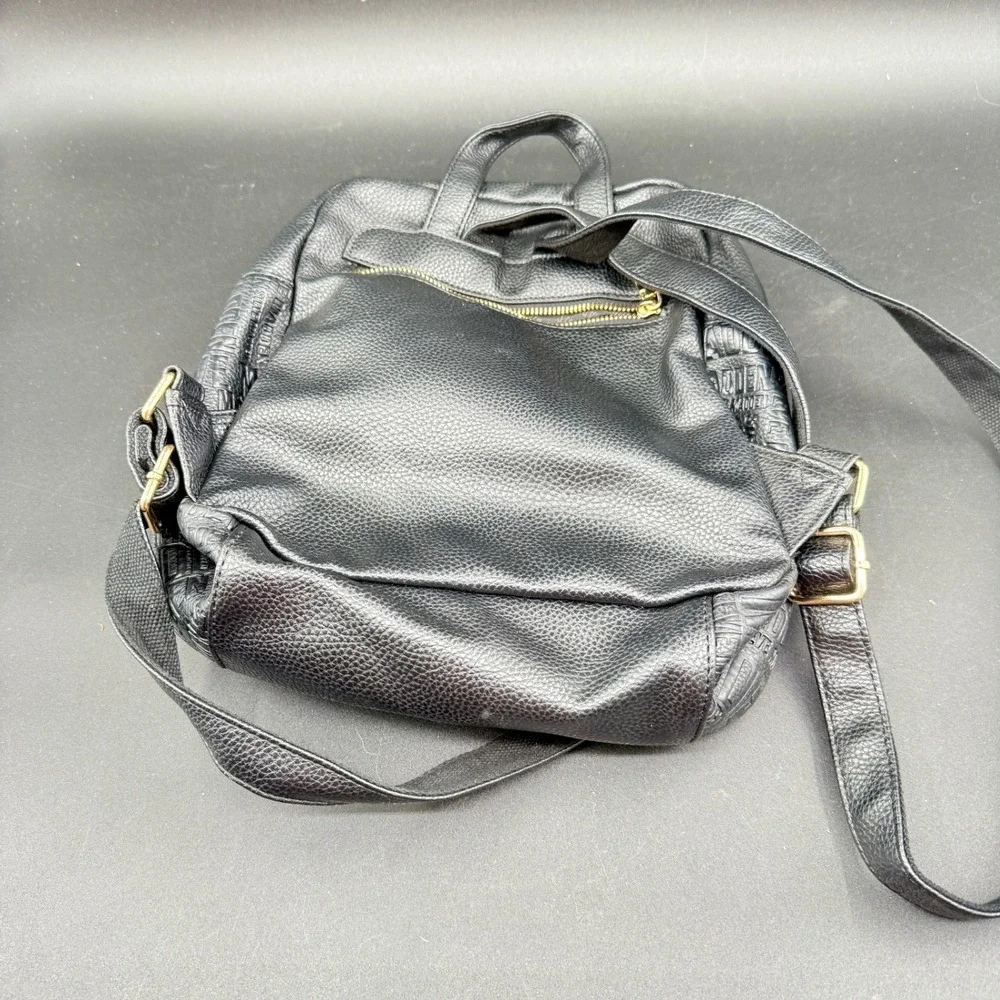 Steve Madden Black Pebbled Leather Mini Backpack Logo Embossed Gold Hardware